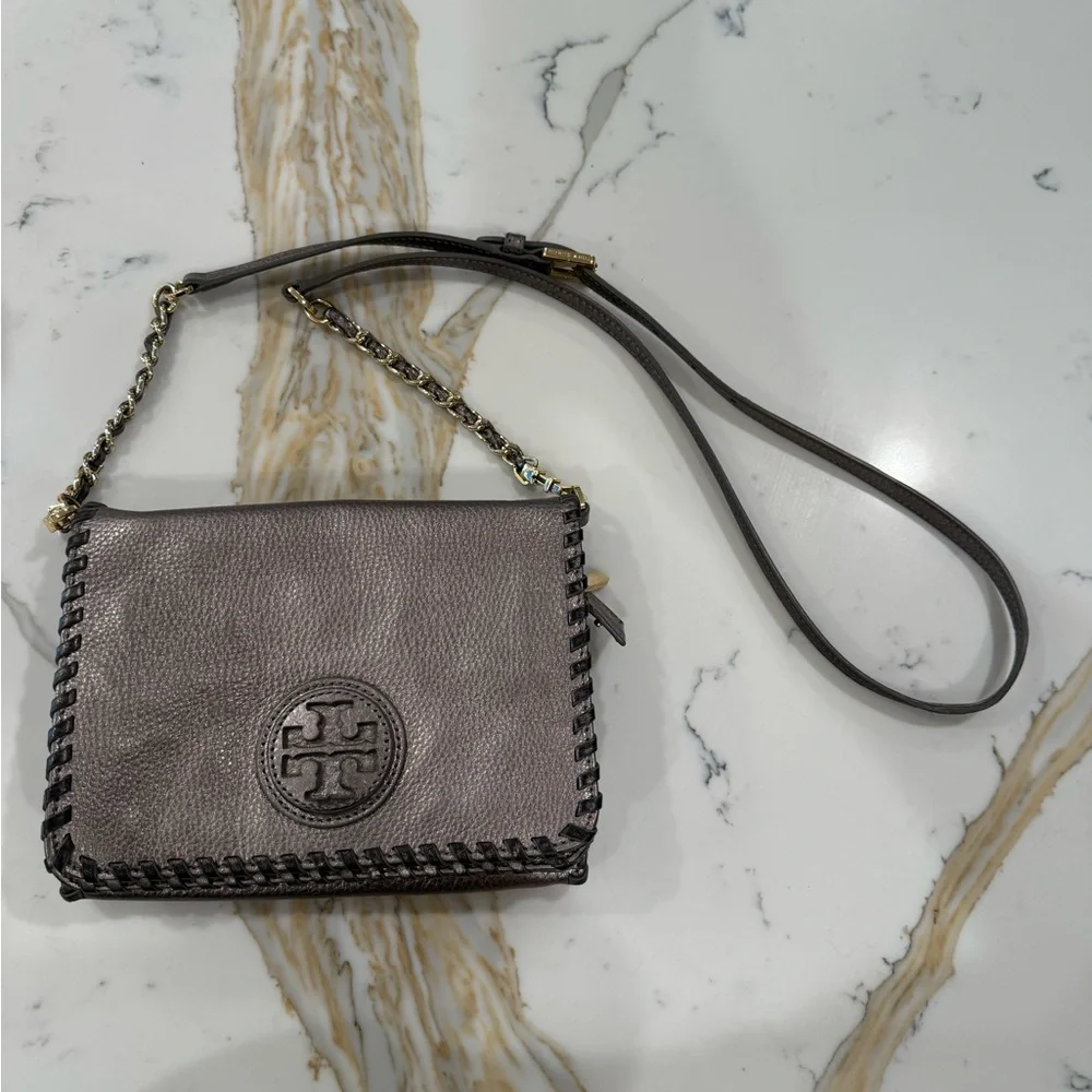 Tory Burch Gray Leather Crossbody Bag with Braided Design - Picture 1 of 5